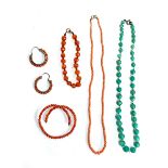 A small coral bead necklace with 9ct gold bolt clasp, 40cmL; together with a coral bead bracelet and