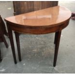 A George III mahogany and line inlaid demilune tea table, on square tapered legs, 91x45x72cmH