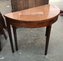 A George III mahogany and line inlaid demilune tea table, on square tapered legs, 91x45x72cmH