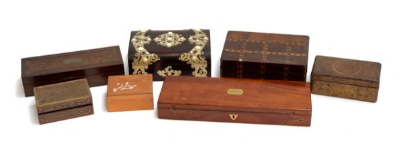 A lot of seven various wooden boxes, to include 19th century mahogany case with brass plaque reading