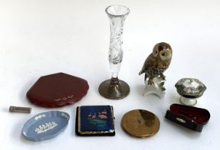 A mixed lot to include two vintage Stratton powder compacts; a cut glass vase with silver foot,