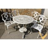 A set of four white painted metal garden chairs, together with a garden table, 91cmD