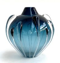 A studio art glass blue seedpod vase, signed Vitrix 2000 to base, 19.5cmH