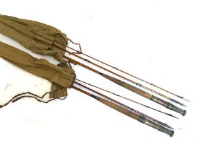 Two Victorian Eaton & Deller three piece split cane fly rods, in canvas bag (2)