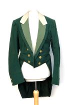 A set of green hunt tails, with white collar and green corded silk facings, the buttons marked