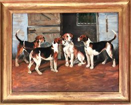 BJ Burke, study of old English hounds in kennel, oil on board, signed and dated 01, 44.5x60cm
