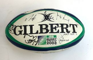 A 2003 Rugby World Cup match ball purportedly signed by the England National team, in Gilbert bag