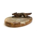 An onyx pin dish with cold painted bronze running fox, the fox 9.5cm long