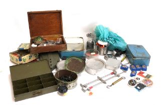 A mixed lot of assorted carp and coarse fishing tackle to include Salter brass scales; bait tins;