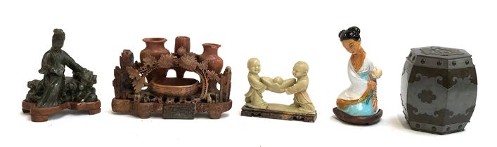 Three Chinese carved soapstone figures to include a red soapstone inkwell; together with a pewter