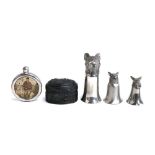 Three fox mask stirrup cups, the largest 15.5cm high; hip flask; pewter casket depicting hunting