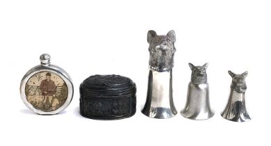 Three fox mask stirrup cups, the largest 15.5cm high; hip flask; pewter casket depicting hunting