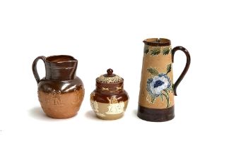 A Doulton Lambeth jug and lidded pot depicting tavern and hunt scenes; and a Doulton Lambeth