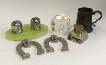 A small mixed lot to include Art Deco double inkwell on faux onyx base; 19th century brass and cut