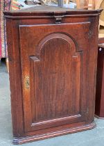 An 18th century oak corner cupboard, domed fielded panel door, opening to three shelves, 67cmW