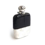 A silver plated, glass, and pressed leather hip flask, swivel hinged cap, 14cm high