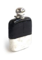 A silver plated, glass, and pressed leather hip flask, swivel hinged cap, 14cm high