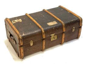 A vintage wood banded travel trunk, the top initialled DMM, 91cm wide