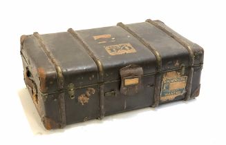 A vintage wood banded travel trunk, 'The National Non Welted Tunk', 91cm wide, with travel stickers