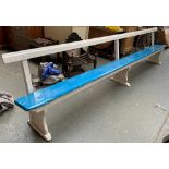 Railway interest: a vintage painted pine 12ft long bench from a railway station, 366cm long