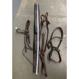 Pony/small cob size tack: part bridle, leather girth, 111cmL; breastplate with running martingale