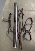 Pony/small cob size tack: part bridle, leather girth, 111cmL; breastplate with running martingale