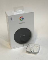 A pair of genuine Apple headphones with 3.5mm jack; and a Google Nest Mini, new in box