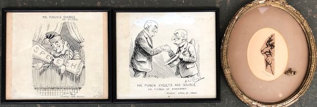 A small sketch by WA Frith RA, profile of Mr Punch, 9cmH; together with Two AW Lloyd caricatures