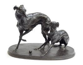 After Pierre-Jules Mene (French, 1810-1894), a patinated bronze figure group of two whippets, on