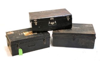 A lot of three black metal vintage travel trunks, all bear names JR Corrie and Brocklebank, the