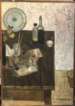 P Mancie, still life of artist's palette, oil on canvas, signed and dated '56, 160x110cm