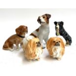 Five Ceramic Dogs: Jack Russell Terrier; two vintage Pekingese (Sylvac); Sheepdog etc