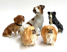 Five Ceramic Dogs: Jack Russell Terrier; two vintage Pekingese (Sylvac); Sheepdog etc