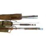 A Hardy's Greenheart three piece 10' fly rod, W fitting, in canvas bag; together with a two piece 7'