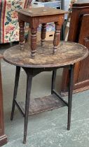 A small oak stool, 24x24x27cmH; together with an Arts and Crafts style oval occasional table,