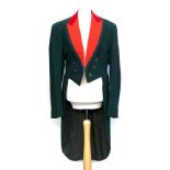 Green hunt evening tails, with red corded silk facings and red velvet collar, with Downside School