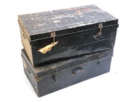 A vintage metal travel trunk, the top marked Brocklebank; and a further trunk, top marked JR Corrie,