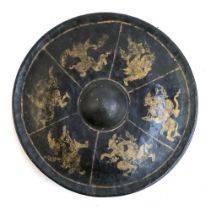 A Burmese gong, central boss surrounded by six dancing figures, 42cm diameter