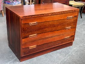 A mid century rosewood veneer chest of three drawers, probably Danish, 102x56x68cmH