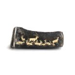 A 19th century carved antler powder flask/small box, carved in low relief with a stag and hinds in a