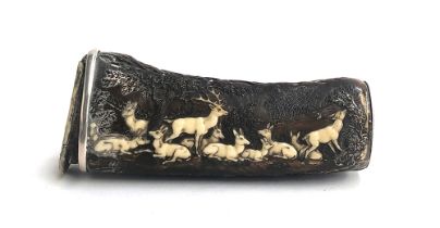 A 19th century carved antler powder flask/small box, carved in low relief with a stag and hinds in a