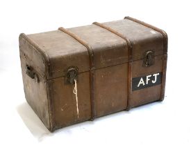 A canvas covered and wood banded travel trunk 82x51x52cm