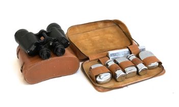 A pair of Omega 7x50 vintage binoculars in hard case; together with a gent's vanity case, AF