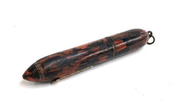 A vintage miniature travel fountain pen, red and black marbled bakelite case, the nib marked '