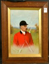 Dickinson, Late 19th Century, a half-length study of a huntsman in a landscape, oil on panel,