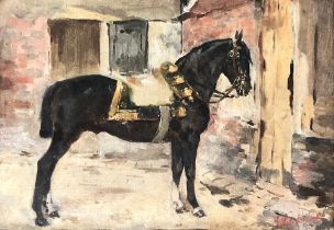 George Lindheimer, Study of a Dragoon's Horse in a stable yard, oil on artist's board, signed