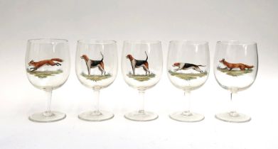 Five large wine glasses hand painted with foxes and hounds, 19.5cmH