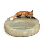 An onyx pin dish with ceramic recumbent fox, the fox approx. 11cm long