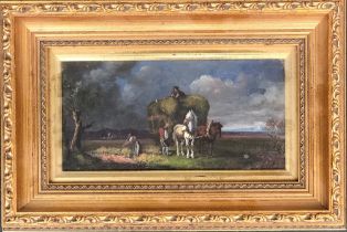 An early 20th century oil on board, gathering hay with a horse and cart, 9x19cm