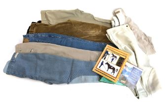 A lot of breeches/jodhpurs, to include corduroy breeches, W28; Takooha denim; Harry Hall men's